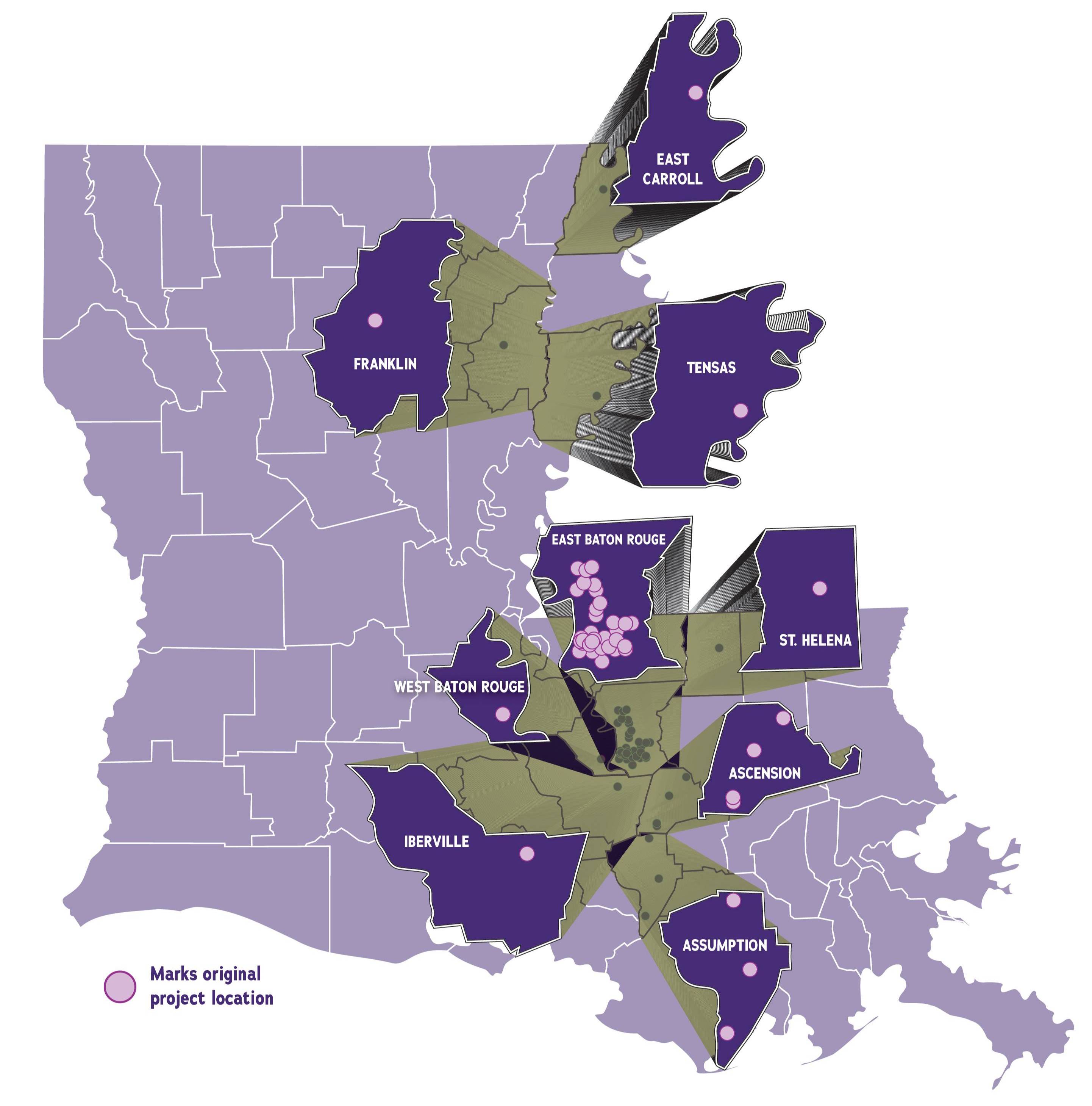 Map of Louisiana showing parishes included in the playground project: Franklin (1 location), East Carroll (1), Tensas (1), East Baton Rouge (32), St. Helena (1), West Baton Rouge (1), Ascension (4), Iberville (1), and Assumption (3).