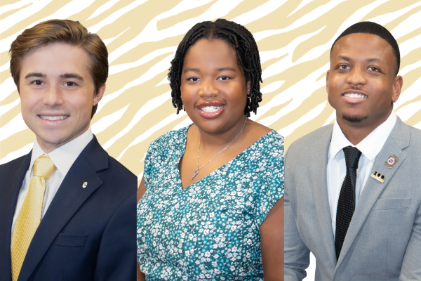 A composite image featuring three student headshots. William Carter, Emily Demps and Kenneth Taylor Jr wear business attire. Golden tiger stripes appear in the background. 