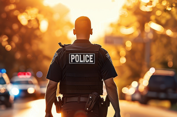 Photo of the back of a police officer walking down the street