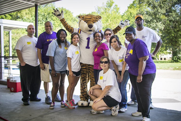 mascot mike with group of students